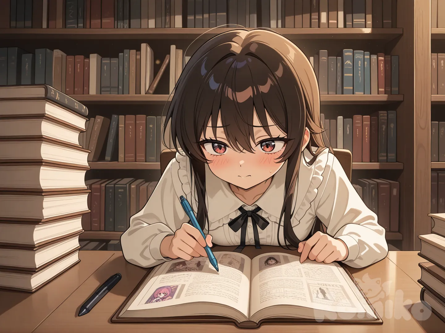 Studying in library.