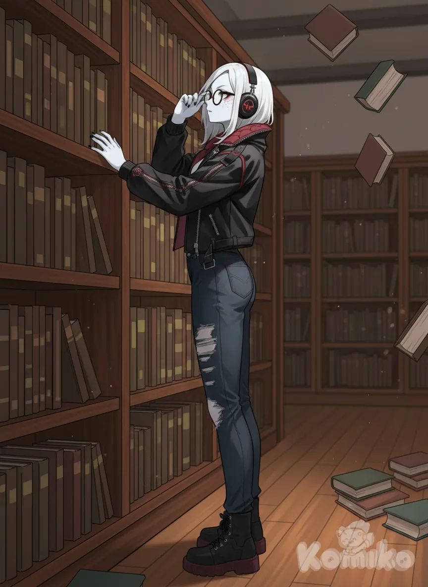 <norture-40rz> standing, hands on bookshelf, looking up and adjusting his glasses on his face, books falling off the shelf., anime style