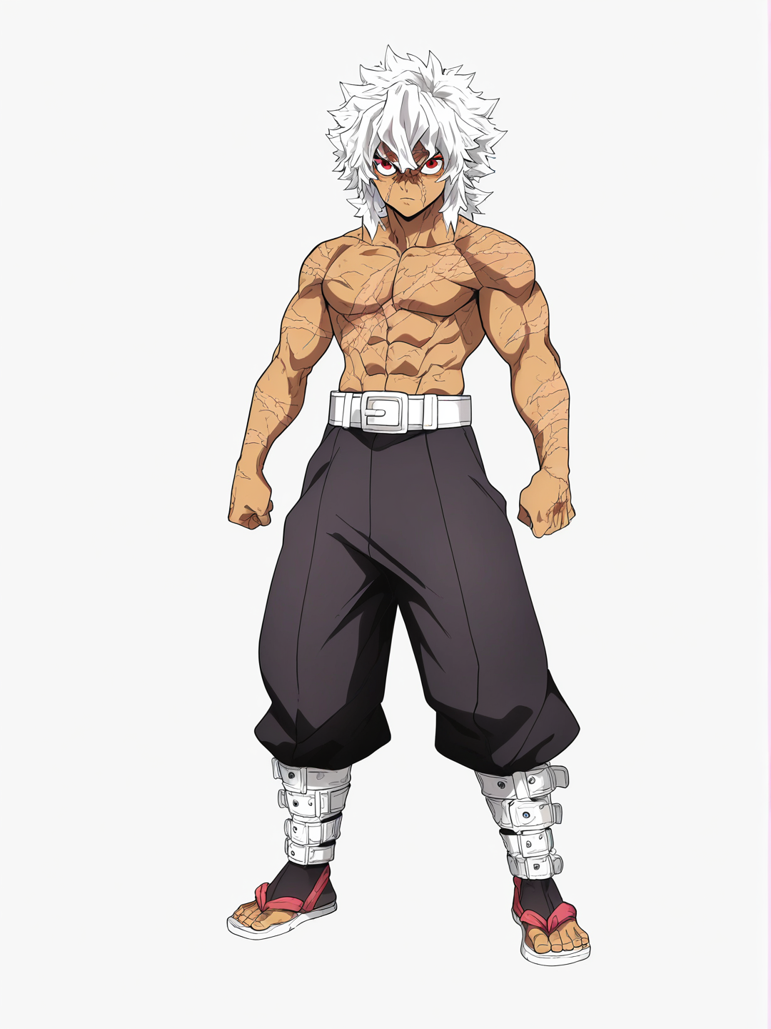 [bright-anime-style] 1boy, demon slayer style, original character, teenager, off-white hair, red eyes, scar, tan skin, single character, full body, looking at viewer, anime style, simple background, white background