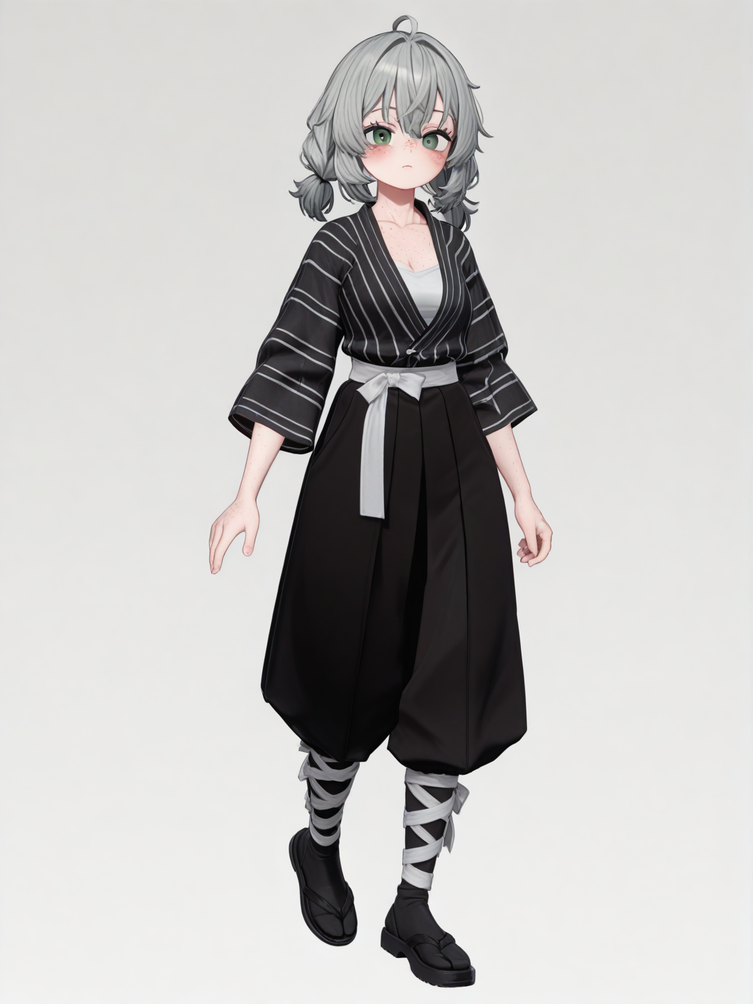 [3d-anime-style] 1girl, demon slayer style, original character, teenager, stocky, grey_hair, green_eyes, freckles, fair_skin, single character, full body, looking at viewer, simple background, white background