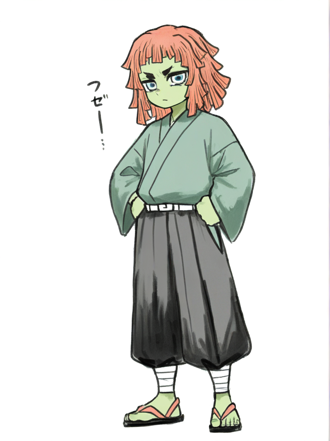 [sketchy-painterly-style] 1boy, demon slayer style, teenager, petite, red hair, blue eyes, olive skin, single character, full body, looking at viewer, simple background, white background