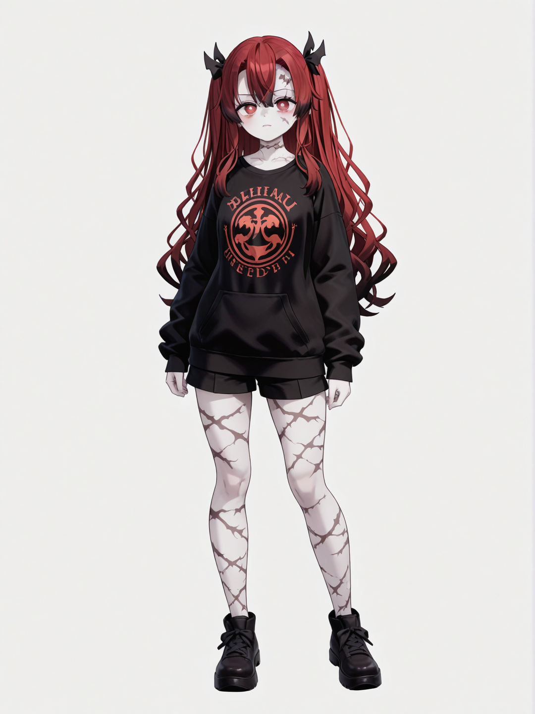[3d-anime-style] 1girl, demon slayer (kimetsu no yaiba) style, teenager, short, long red hair with white spots, red eyes, scar, pale skin, single character, full body, looking at viewer, anime style, simple background, white background