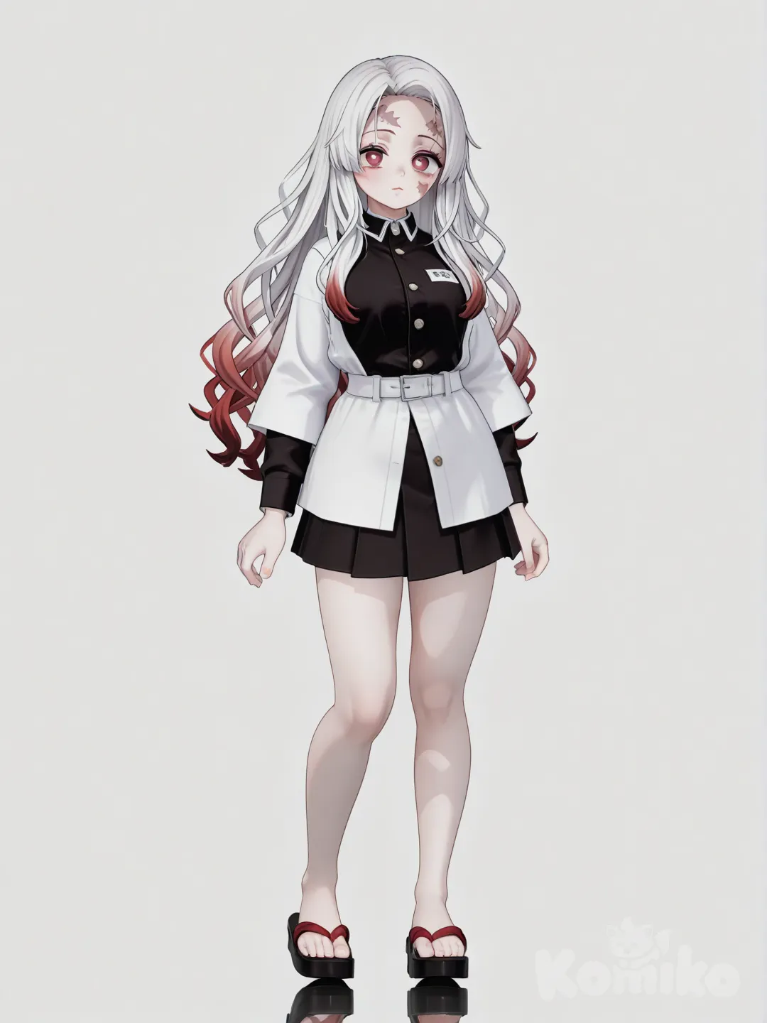 [3d-anime-style] 1girl, demon slayer (kimetsu no yaiba) style, teenager, short, long red hair with white spots, red eyes, scar, pale skin, single character, full body, looking at viewer, anime style, simple background, white background