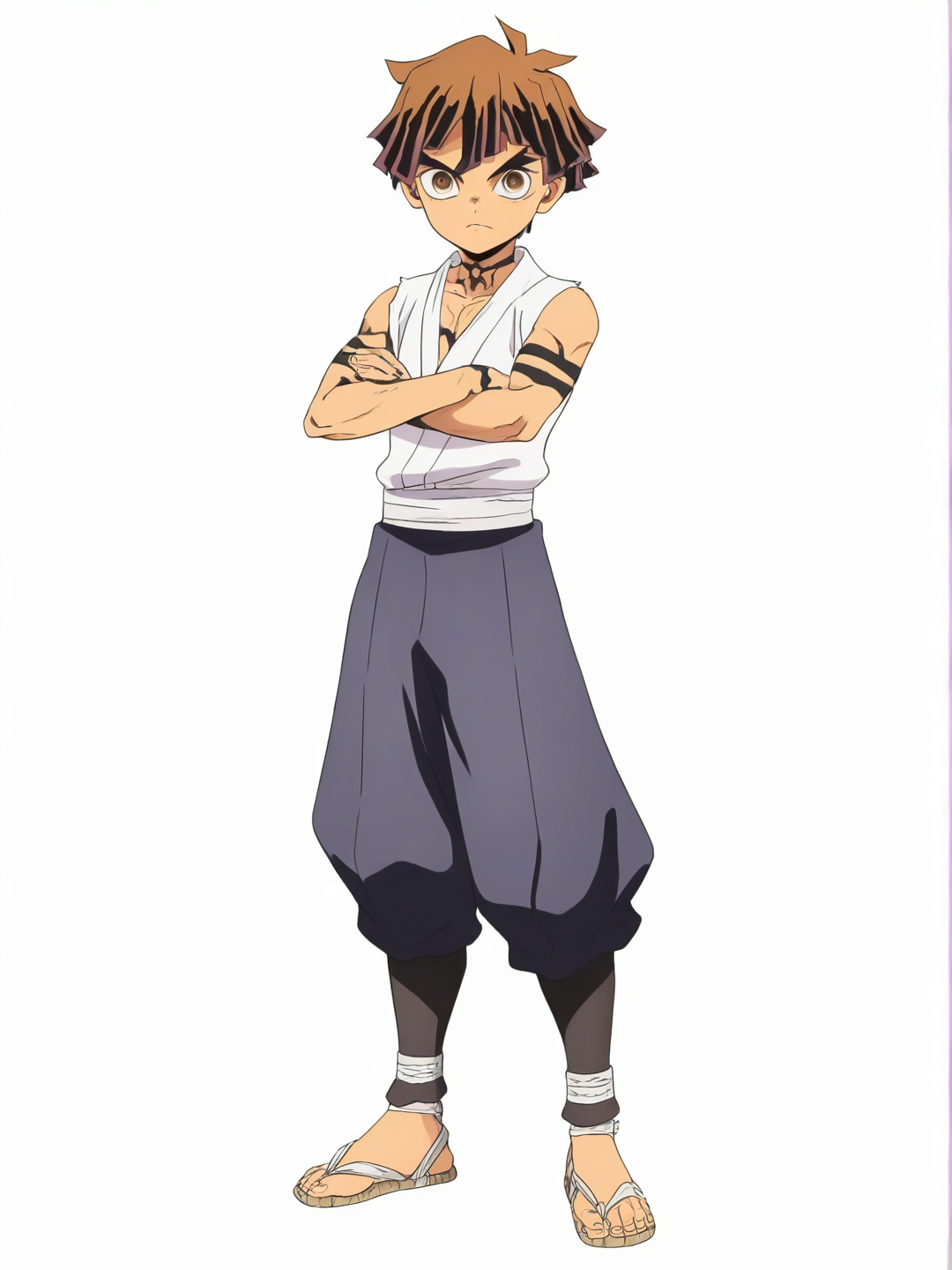 [bright-anime-style] 1boy, demon_slayer_style, teenager, slim, short_brown_hair, brown_eyes, tan_skin, single character, full body, looking at viewer, simple background, white background