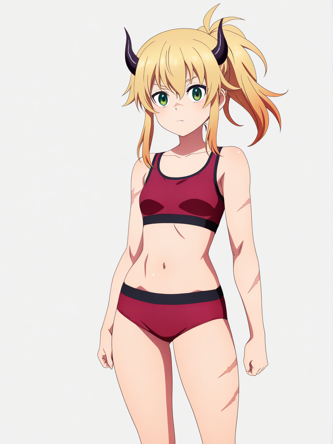 [pop-anime-style] 1girl, solo, teen, athletic, blonde_hair, green_eyes, scar, pale_skin, demon, full_body, looking_at_viewer, anime_style, simple_background, white_background