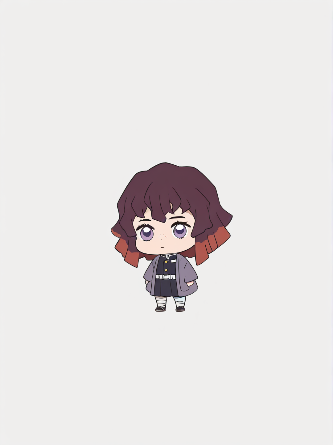 [bright-anime-style] 1girl, chibi, scrawny, maroon hair, purple eyes, freckles, fair skin, demon slayer style, single character, full body, looking at viewer, simple background, white background