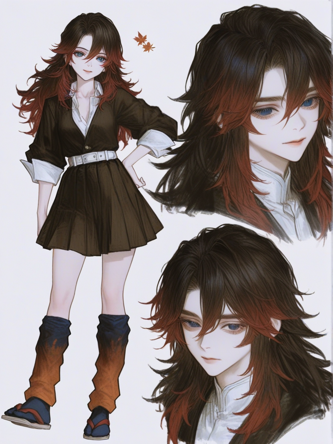 [semi-realistic-portrait-style] 1girl, genshin impact style, demon slayer style, teenager, short, brown hair, blue eyes, dimples, pale skin, single character, full body, looking at viewer, simple background, white background