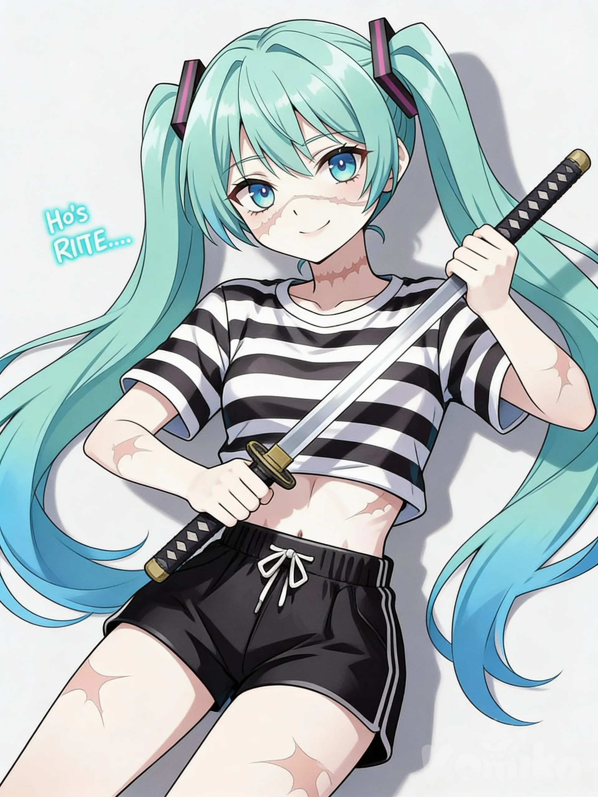 holding sword, striped shirt, from above