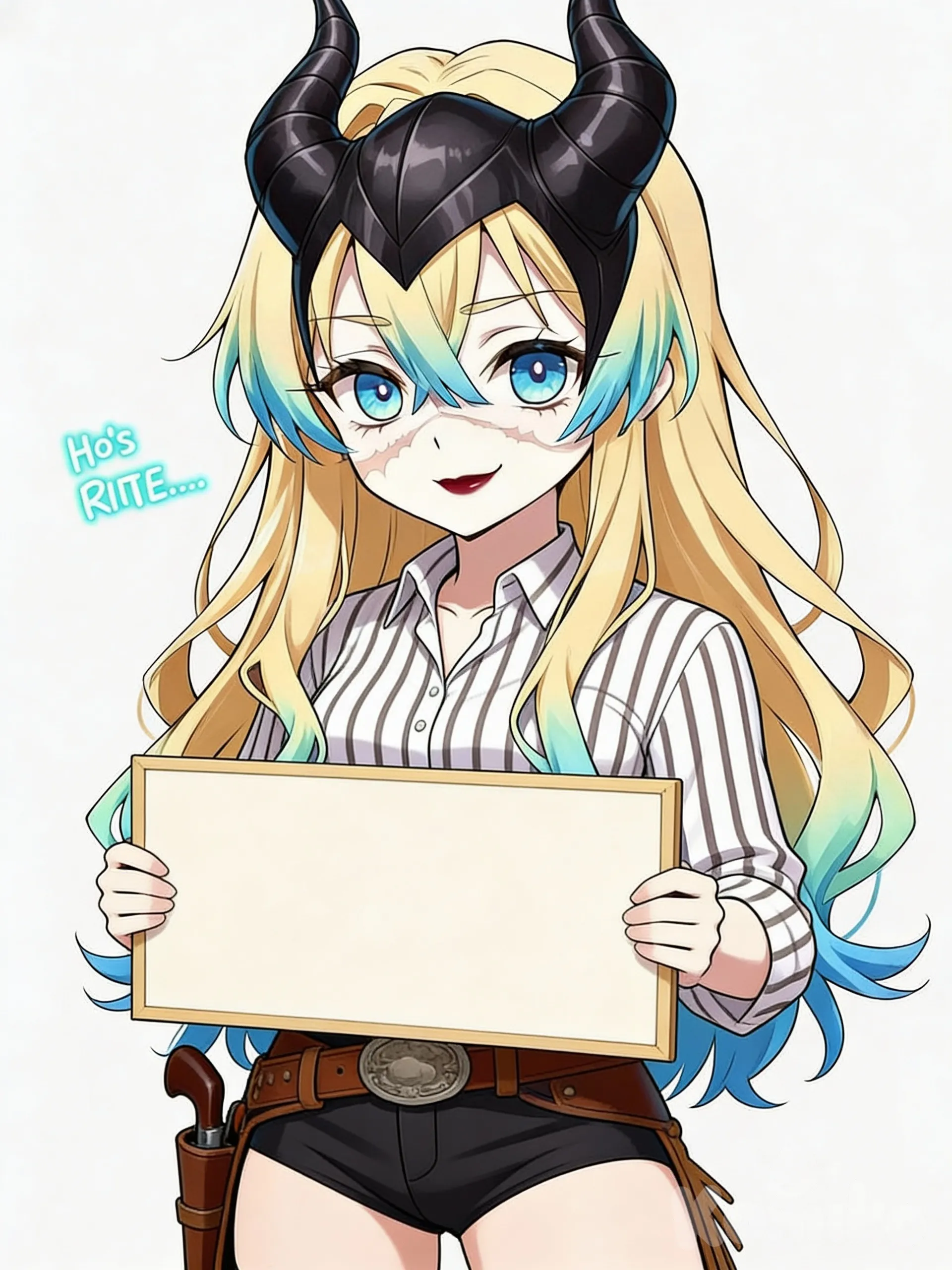 holding sign, striped shirt, cowboy shot