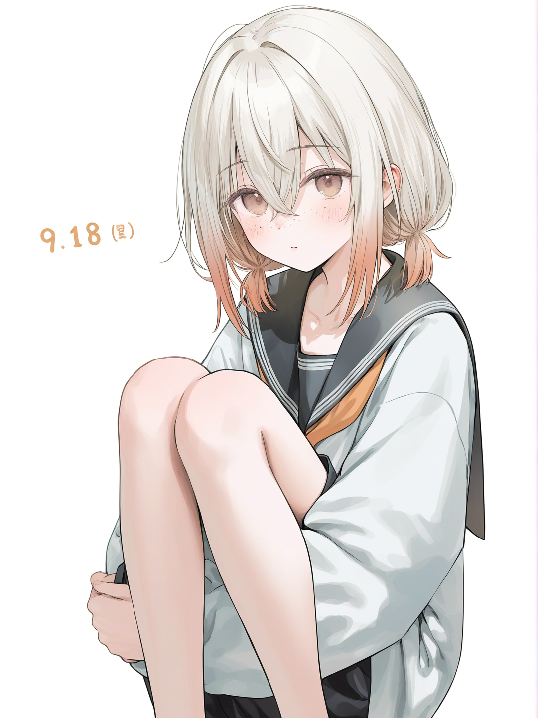 [soft-pastel-style] 1girl, demon_slayer_style, original_character, teenager, athletic, off-white_hair, brown_eyes, freckles, tan_skin, single_character, full_body, looking_at_viewer, simple_background, white_background