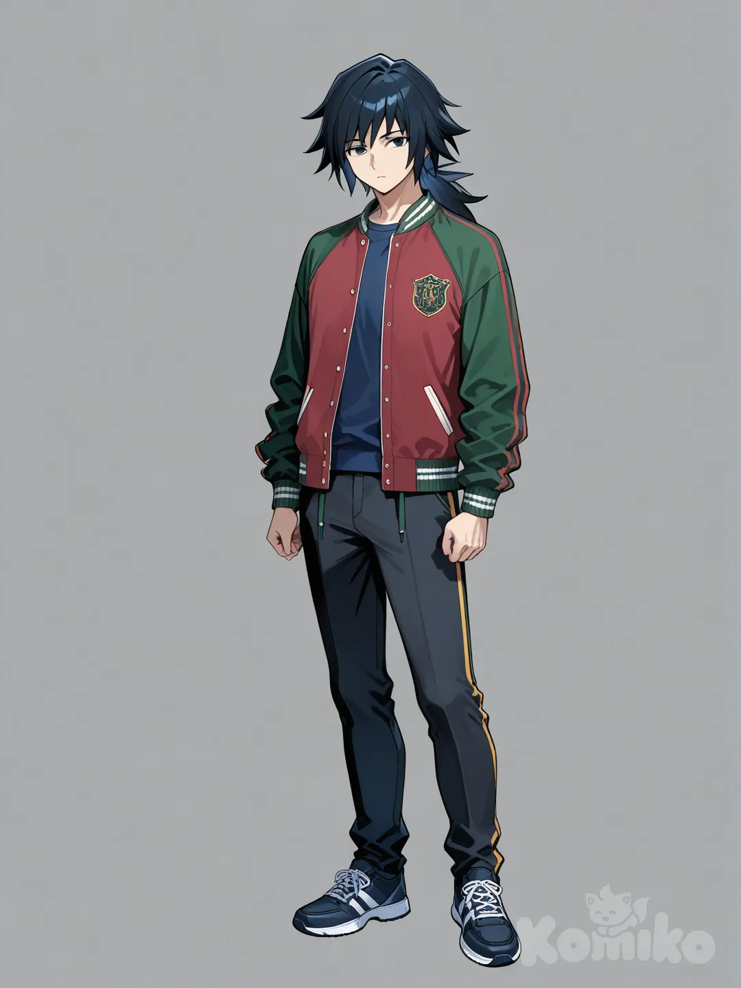 @Tomioka_Giyuu, expressionless, varsity jacket, full body