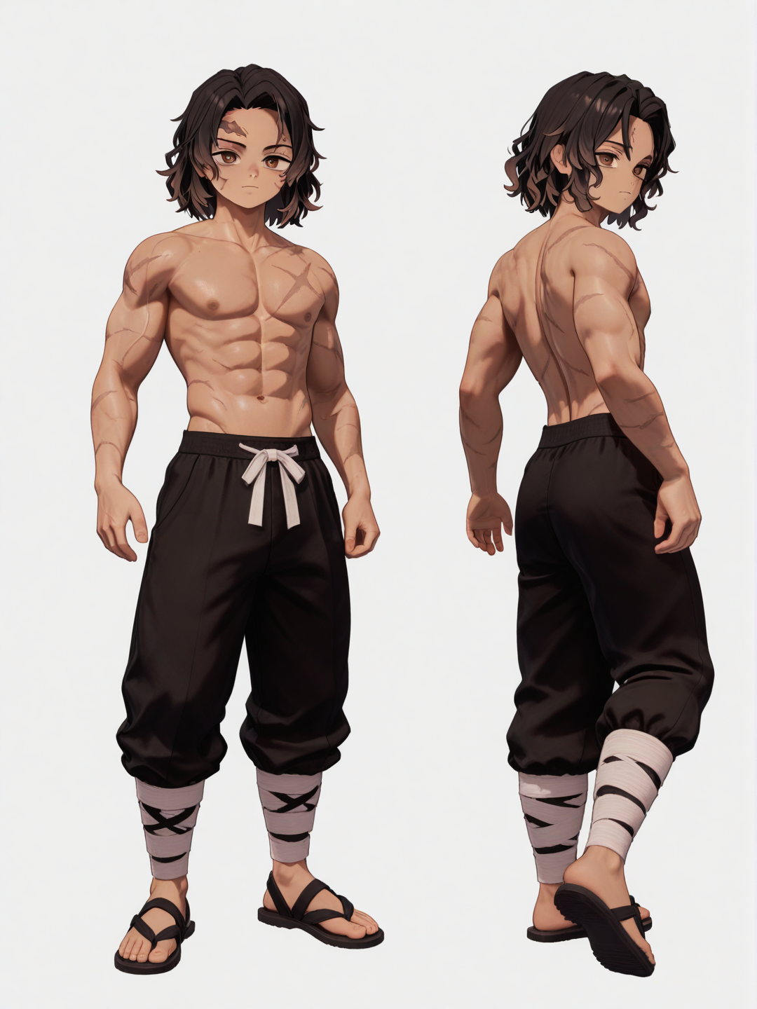 [3d-anime-style] 1boy, demon slayer style, teenager, athletic, wavy hair, brown eyes, scar, olive skin, single character, full body, looking at viewer, simple background, white background