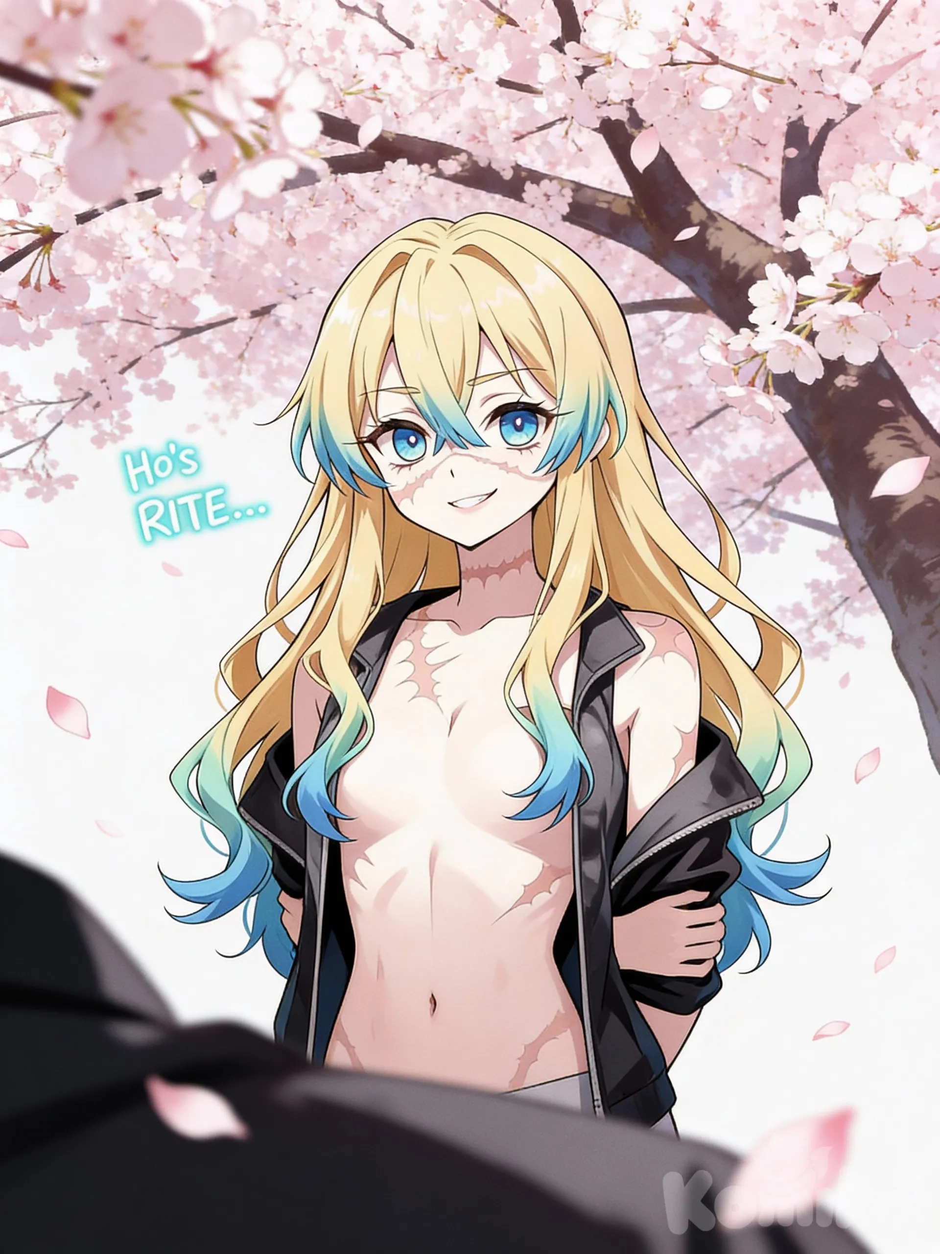 first person view, open jacket, arms behind back, smile, sakura tree, sakura falling down