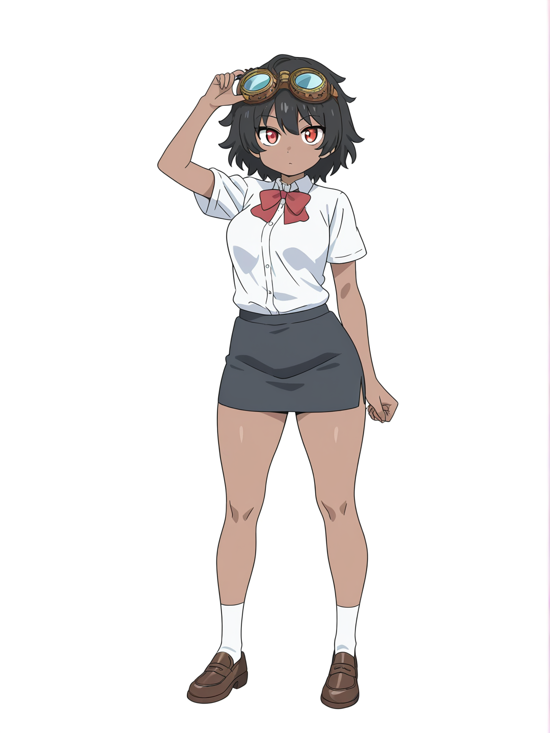 [bright-anime-style] 1girl, demon, teenager, curvy, black hair, red eyes, dark skin, t-shirt, pencil skirt, school uniform, lace, steampunk goggles, bow, single character, full body, looking at viewer, anime style, simple background, white background