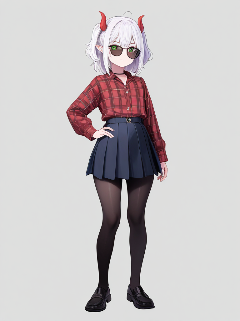 1girl, demon, teenager, curvy, off-white hair, green eyes, freckles, fair skin, plaid shirt, pleated skirt, suit, ruffles, sunglasses, single character, full body, looking at viewer, anime style, simple background, white background
