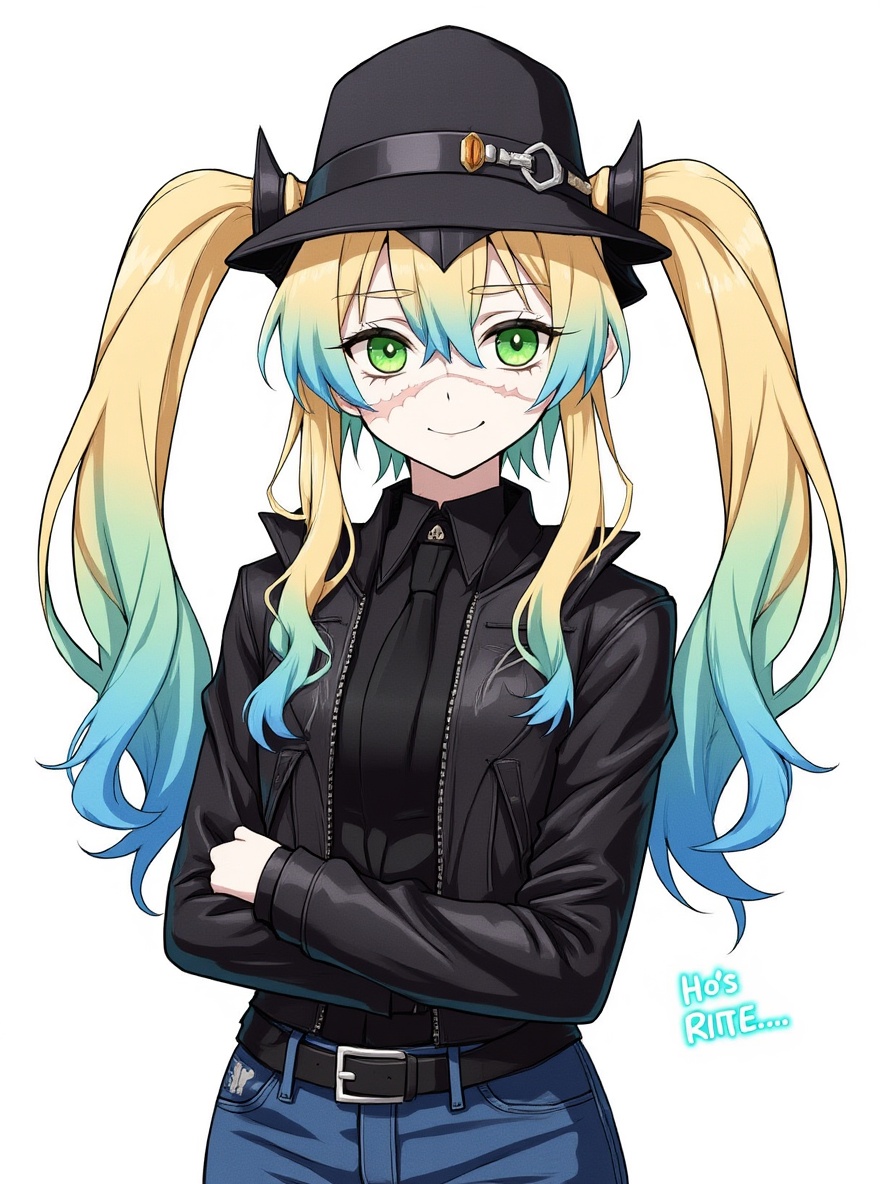 1girl, demon slayer style, original character, teenager, muscular build, twintails, green eyes, freckles, pale skin, leather jacket, jeans, suit, lace details, knit hat, single character, full body, looking at viewer, anime style, simple background, white background