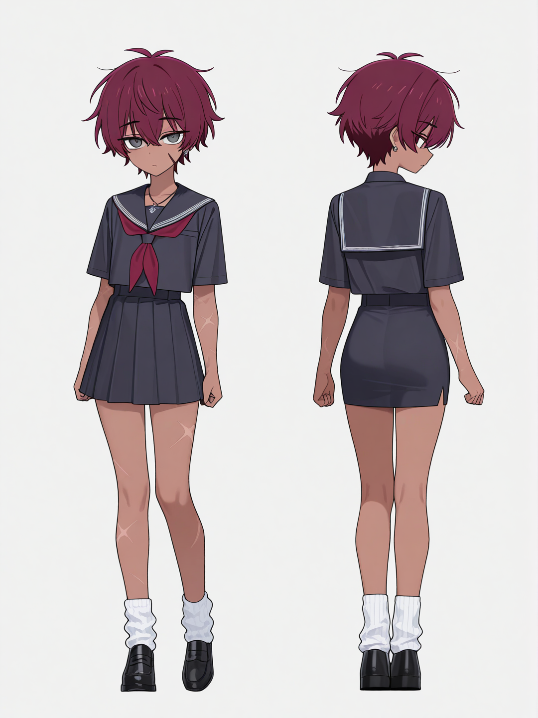 [toon-shaded-style]  , vampire, teenager, tall, maroon hair, gray eyes, scar, dark skin, bohemian shirt, pencil skirt, school uniform, ruffles, necklace, single character, full body, looking at viewer, anime style, simple background, white background