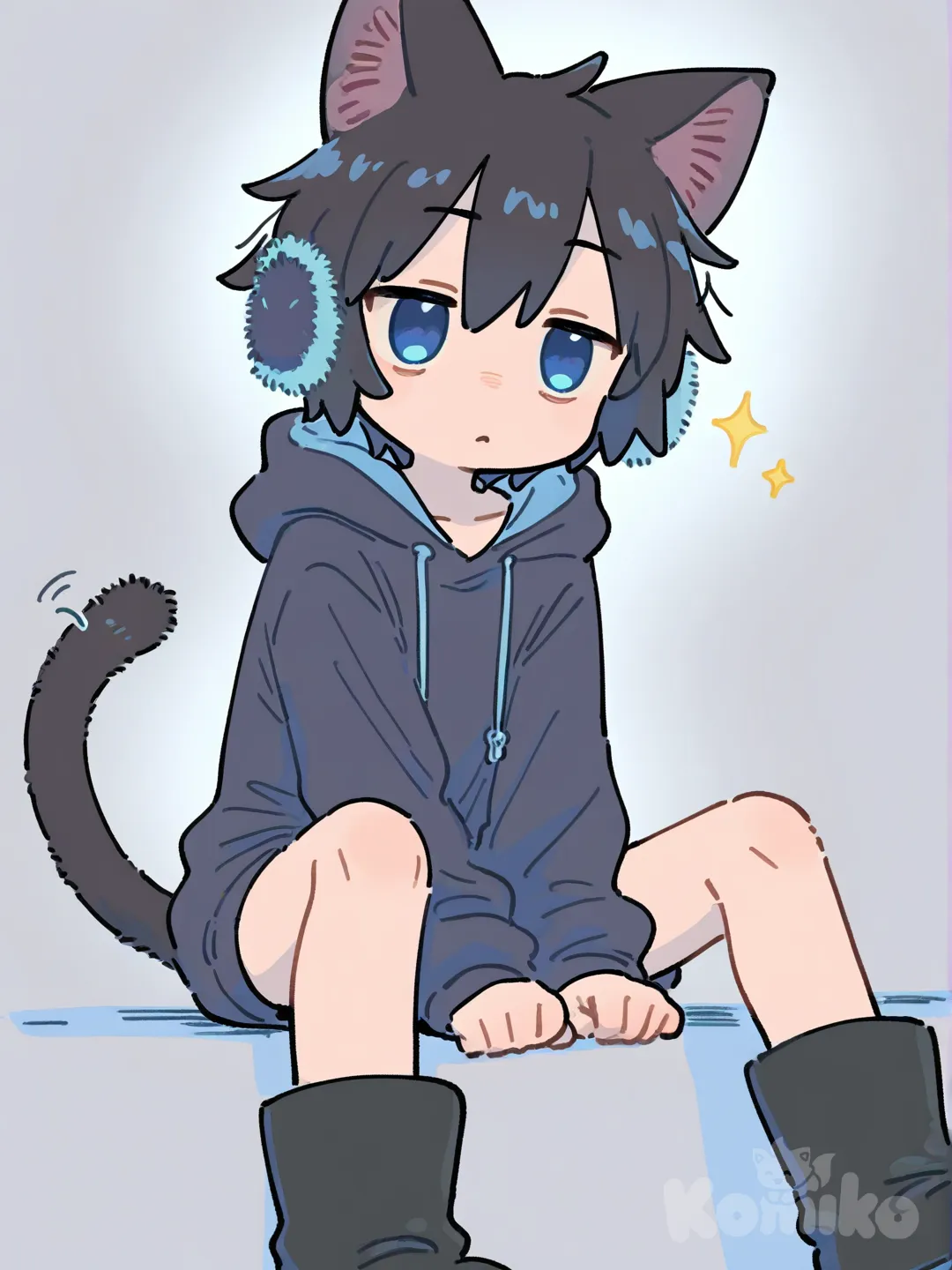 bright blue eyes, and black cat ears. He wears an oversized hoodie with big sleeves, fluffy ear muffs, fuzzy black boots, and has a soft black cat tail that curls behind him., sparkle, ambient light, white background, sitting, [flat-pastel-style]