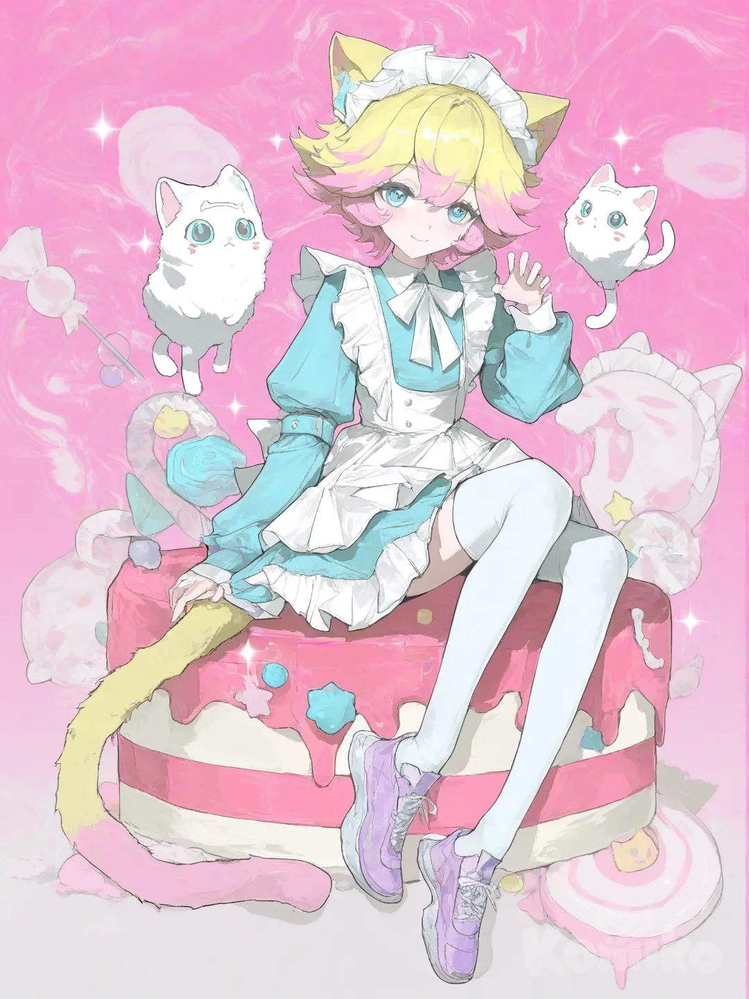 whimsical, pastel-themed character with soft pink hair streaked with bright yellow highlights, giving his hair a candy-like shimmer. He has matching cat ears and a fluffy cat tail, both blending perfectly with his colorful hair. His hair and outfit have adorable textured details, adding a sparkly, sugary feel to his design.

He’s posed in a floating, sitting position, as if weightlessly drifting through the air. His expression is sweet and inviting — a cute face with a gentle blush, and he’s smiling warmly, showing his playful charm. His eyes are a bright, adorable blue, wide and full of life.

He wears a blueish-pinkish maid outfit that fits his soft aesthetic, complete with a white bow tied neatly at the back and a classic white maid hat perched on his head. He also has white leggings that make his outfit look even cuter, paired with purple shoes that add a little pop of color.

Behind him is a dreamy background filled with cake and candy textures, giving the whole scene a sweet, dessert-themed vibe — like he’s floating in a sugary fantasy world., [desaturated-illustration-style]