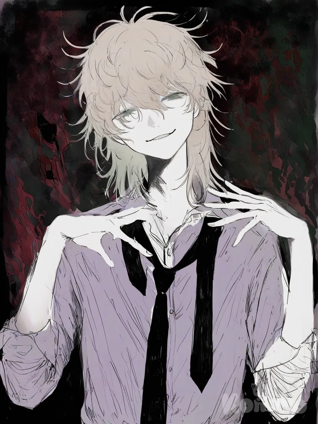 A slim, pale-skinned anime man with messy, shoulder-length light blond hair that falls over his eyes. He has half-lidded, tired-looking eyes and a faint, unsettling smirk, giving off a calm but eerie vibe. He’s wearing a slightly wrinkled white button-up shirt with a loose black tie, adding to a careless, unhinged appearance. His posture is relaxed, hands slightly raised as if explaining or manipulating something. The atmosphere feels dark and psychological, with a glowing red aura behind him fading into deep green and black shadows, creating an ominous, unsettling mood. His expression suggests quiet confidence, danger, and emotional detachment., head tilt, [faded-sketchy-lines-style]