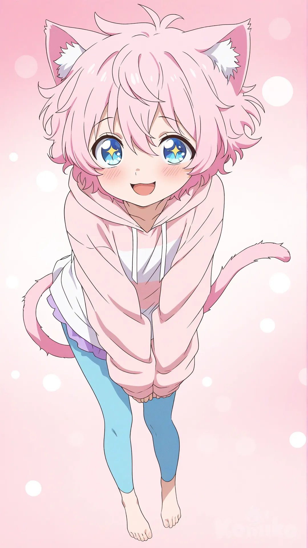A cute anime-style adult male character shown up close, framed from the waist up, with a soft and charming appearance. He has baby-blue eyes that sparkle gently, fluffy pastel pink hair with slightly messy bangs, and adorable cat ears matching his hair color, along with a soft, curved cat tail visible behind him.
He’s wearing a cropped hoodie with very long, oversized sleeves that cover most of his hands, giving him a cozy and shy look. The hoodie is pastel-toned with subtle fabric folds and texture. Below, he wears a very short skirt that complements the outfit’s cute aesthetic, paired with cute blue leggings that fit snugly and add color contrast. He is barefoot, toes relaxed, adding to the soft and casual feel.
His expression is sweet and joyful—a gentle smile, slightly open lips, rosy blush across his cheeks, and relaxed eyebrows. His pose is cute and bashful, shoulders slightly raised, hands near his chest or sleeves pulled over his fingers, leaning a little toward the viewer to enhance the close-up intimacy.
Style & Rendering:
High-quality anime rendering, soft and clean lineart, smooth cell shading with gentle gradients, pastel color palette, fabric folds, and subtle highlights in the eyes and hair.
Lighting is soft and warm, with a dreamy glow, delicate rim light, and smooth shadows for depth.
Background can be simple and aesthetic—soft pastel blur, cozy bedroom, or light bokeh effect—to keep focus on the character.
Overall vibe:
Cute, cozy, feminine-leaning anime aesthetic, wholesome, charming, and polished ✨, 1boy, [bright-anime-style]