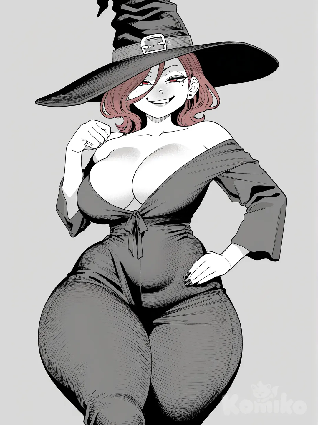 mature female, witch, living clothes, mimic outfit, mommy, curvy, green skin, red eyes, red hair, [grayscale-manga-style]