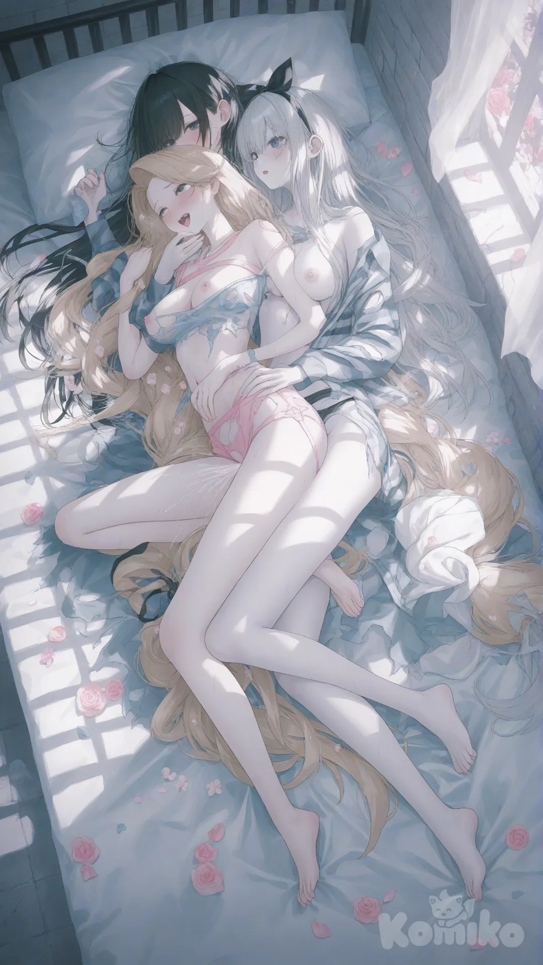 Disney's Rapunzel, Alice in Wonderland, lesbians, pale skin, prison clothes, revealing clothing, visible breasts, nude, ahegao, squirting, intense sex, spooning position, prison bed, prison, wide angle, full body, visible feet, [soft-pastel-style]
