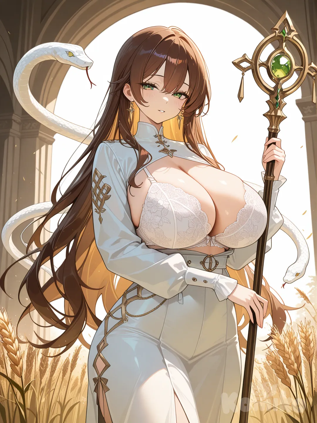 An anime girl embodying the Virgin Maiden archetype, symbolizing purity, self-sufficiency, and devotion, with long brown hair cascading down her back, striking green eyes, and voluptuous huge breasts straining against a tight, lacy bra that accentuates her curves; she stands in a sultry, alluring pose with one hand gracefully holding a bundle of golden wheat and wildflowers, while her other hand grips a mystical caduceus staff entwined with serpents, evoking themes of healing, rebirth, and prophecy, all in a vibrant anime style with soft lighting highlighting her ethereal yet seductive beauty.