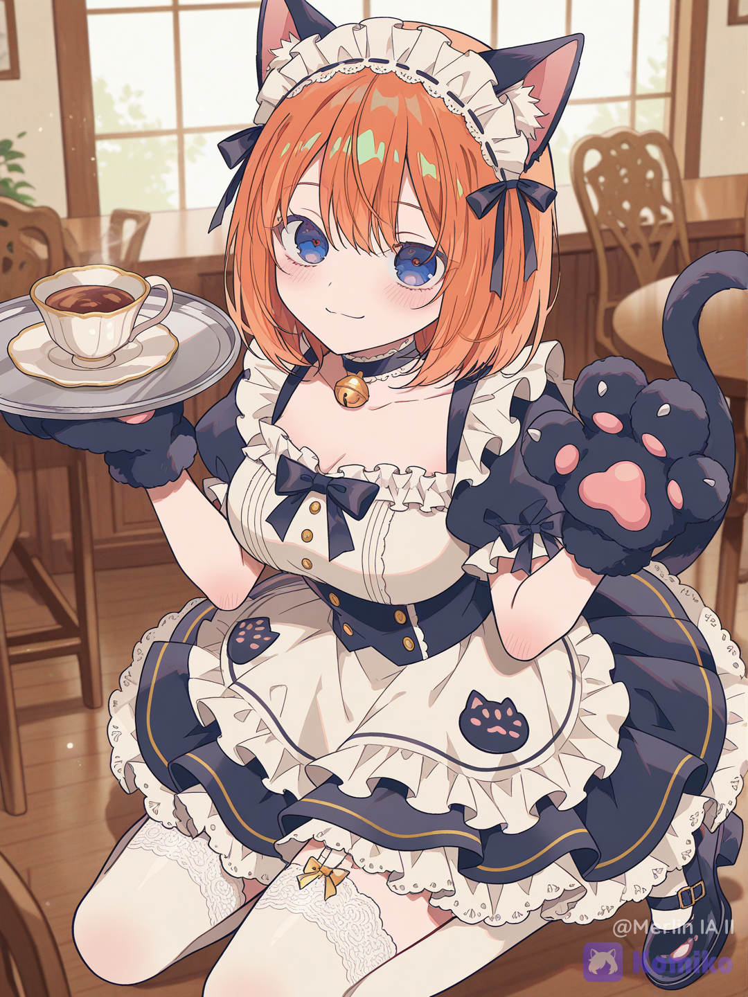 Nakano Yotsuba, Cat paw gloves, cat ears and tail, ruffled maid dress, ruffled headdress, puff sleeves, layered skirt, thigh-high stockings, Mary Jane shoes, choker with bell, holding a tray, teacup, blushing, sweet smile, feline pose, cafe, tables with cat-themed tablecloths, fabric, lace details, ruffles, anime style, 8k, [cyber-candy-style]