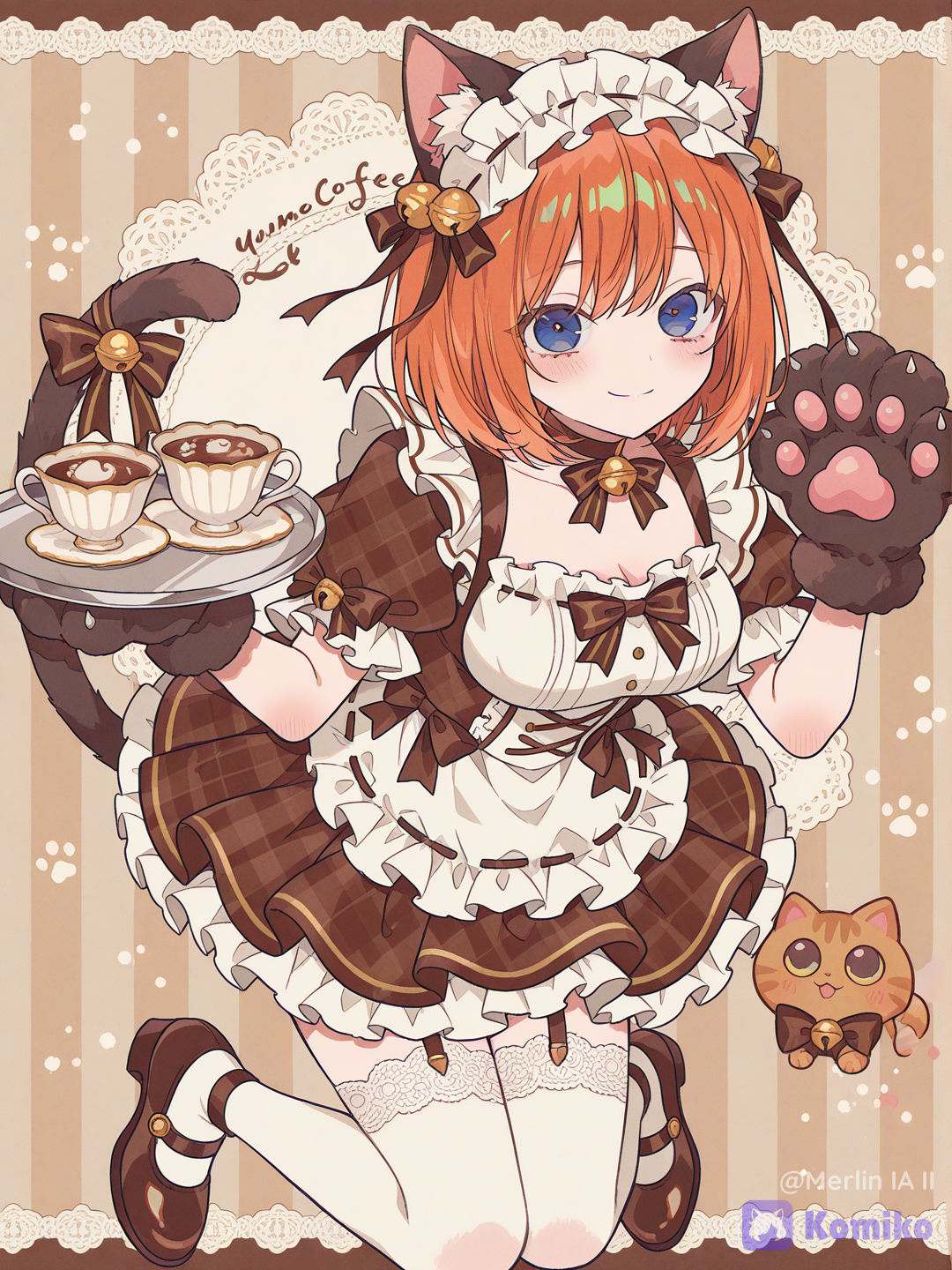 Nakano Yotsuba, Cat paw gloves, cat ears and tail, ruffled maid dress, ruffled headdress, puff sleeves, layered skirt, thigh-high stockings, Mary Jane shoes, choker with bell, holding a tray, teacup, blushing, sweet smile, feline pose, cafe, tables with cat-themed tablecloths, fabric, lace details, ruffles, anime style, 8k, [cyber-candy-style]
