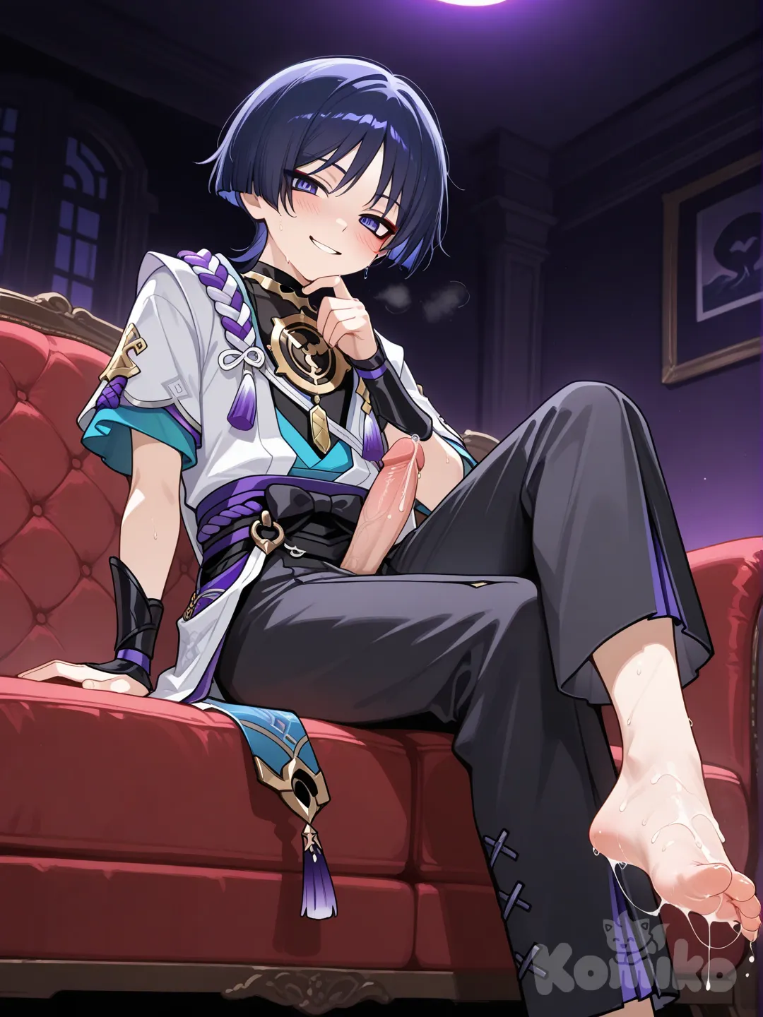 @Scaramouche_(Genshin_Impact) 着衣，坐在沙发上，翘二郎腿，阴茎露出，一只手撸动，另一只手撑着下巴，面色红润，挑逗的微笑，精细化的生殖器描写，精细化的面部描写，正确的身体比例以及手指，脚趾数量，高品质，湿漉漉的脚，与衣服颜色相应的偏暗色的氛围，少量精液溢出