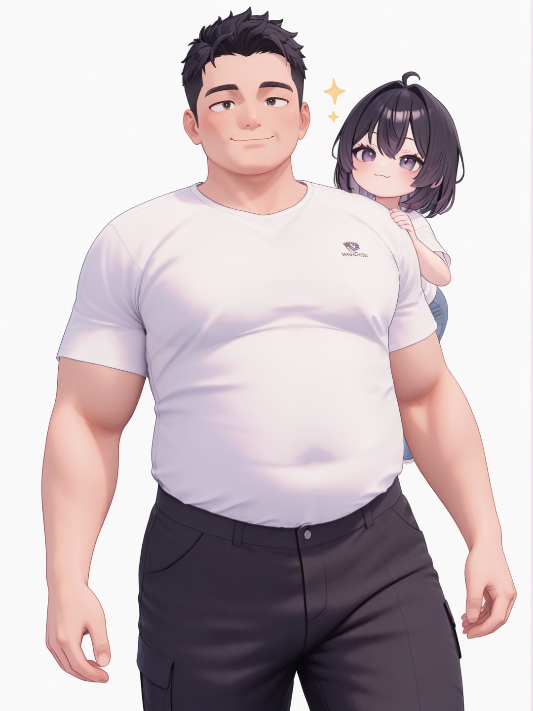 [3d-anime-style] ผู้ชาย, ตัวสูง, อ้วนอวบ, ผู้ใหญ่, black hair, short hair, pastel colors, ไม่มีหนวด, ไม่มีเครา, หน้าตาดี, ยิ้มมีเสน่, ใส่เสื้อยืดสีขาว, กาวเกงขายาว, พื้นหลังสีขาว