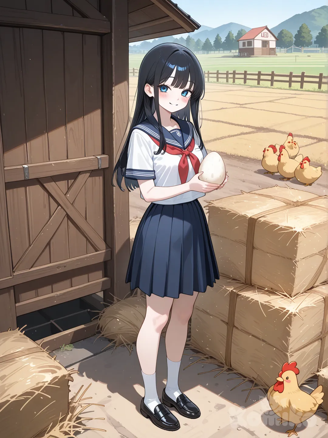 @riel-YuZw แม่ไก่มองเธอ, เธอกำลังถือไข่ไก่, พื้นหลังเป็นเล้าไก่, ภาพทั้งตัว