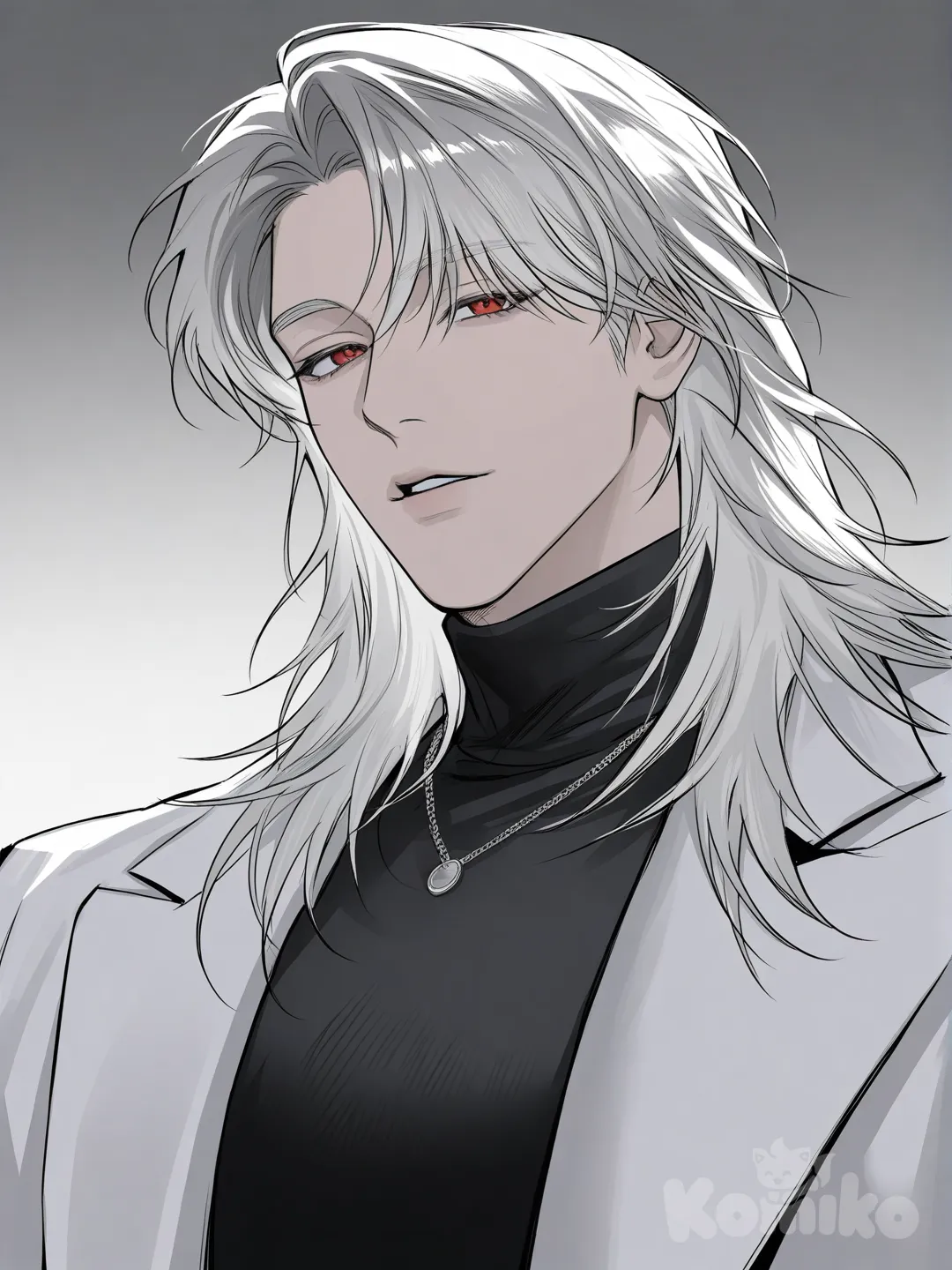 ultra character illustration, premium gacha game art style, semi realistic anime rendering, flawless face anatomy, cinematic composition, handsome adult man, tall elegant build, pale porcelain skin, silver white hair with soft volume and natural flow, sharp crimson red eyes with reflective highlights, sculpted jawline, refined nose, slightly parted lips, cold confident gaze, powerful and seductive presence, luxury dark high collar coat with futuristic tailoring, black fitted outfit, dramatic rim lighting, soft global illumination, realistic skin gradients, hair strands, high fidelity shading, professional character concept art, dark romance atmosphere, polished and refined, level detail, [muscular-manhwa-style]