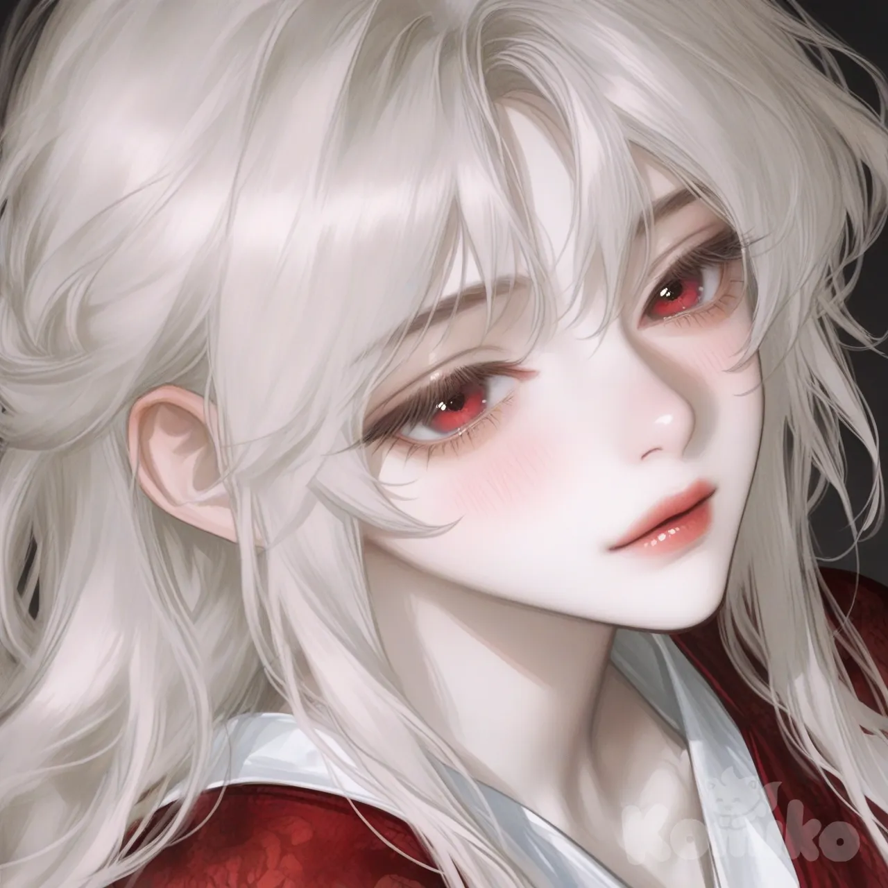 ultra character illustration, soft semi realistic anime artstyle, beautiful young woman, delicate and gentle appearance, long flowing white hair with silky texture, soft crimson red eyes with warm light reflections, smooth fair skin, subtle blush on cheeks, rounded gentle facial features, small nose, soft lips, kind and innocent expression, warm reassuring smile, calm and pure aura, graceful posture, wearing a simple elegant light colored dress with soft fabric, pastel tones, diffused lighting, soft glow, realistic skin shading, finely hair strands, smooth brushwork, dreamy atmosphere, peaceful and wholesome mood, polished professional character art, [semi-realistic-portrait-style]