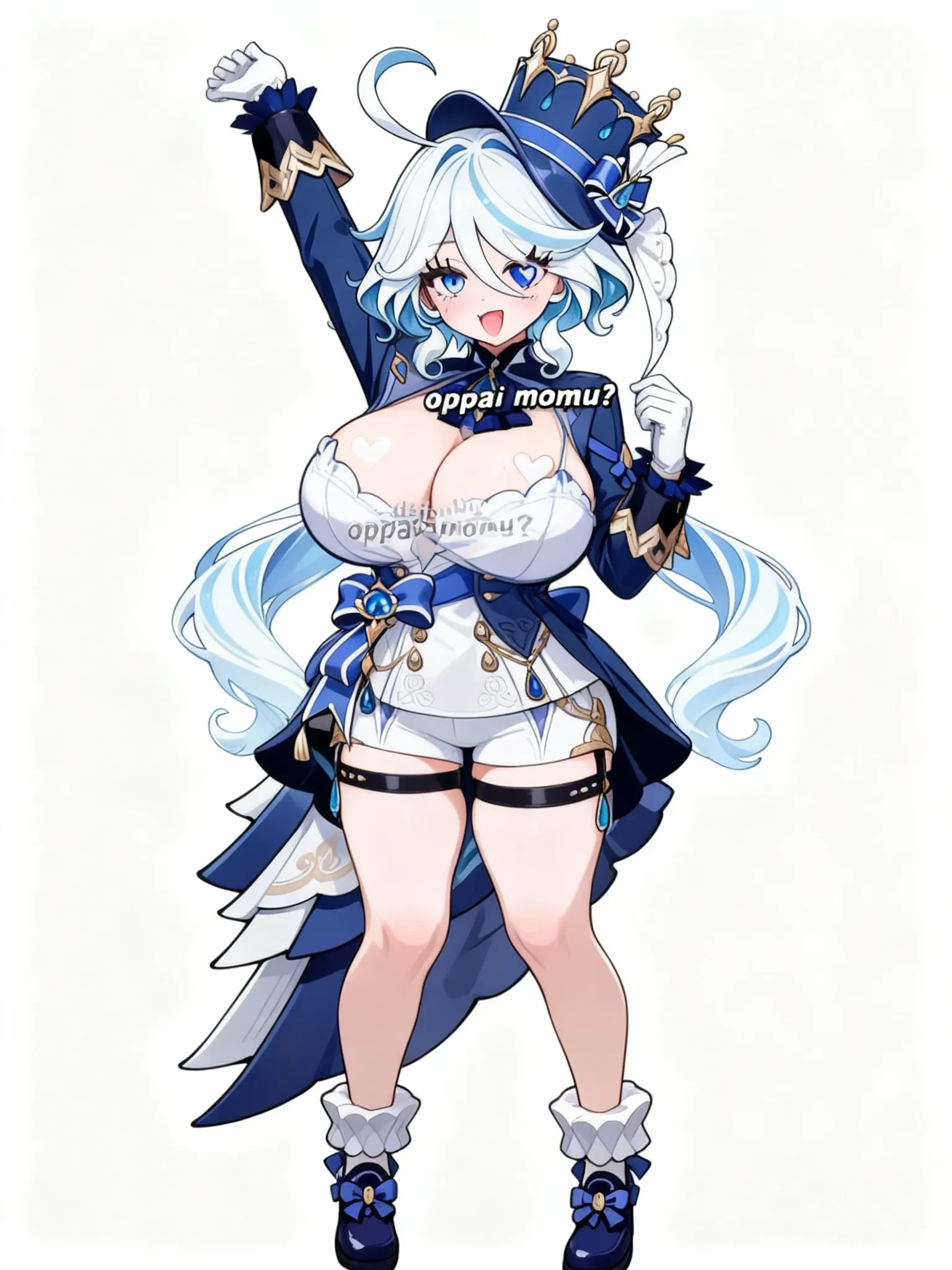 r-18, @Furina_(Genshin_Impact)thick thighs, huge breasts, heart in eye, jitome, daijoubu? oppai momu? (meme), solo, shirt lift, cleavage reach