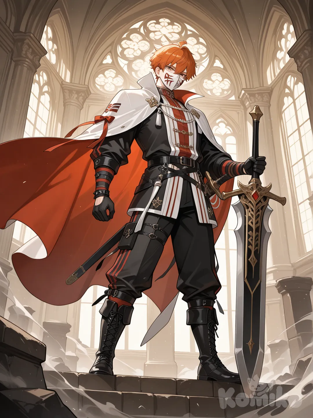 Faça um homem com uma espada passada gigante ele deve ter roupas pretas com detalhes brancos e ele deve ter uma máscara branca com 5 listras vermelhas e ele deve ter cabelo laranja