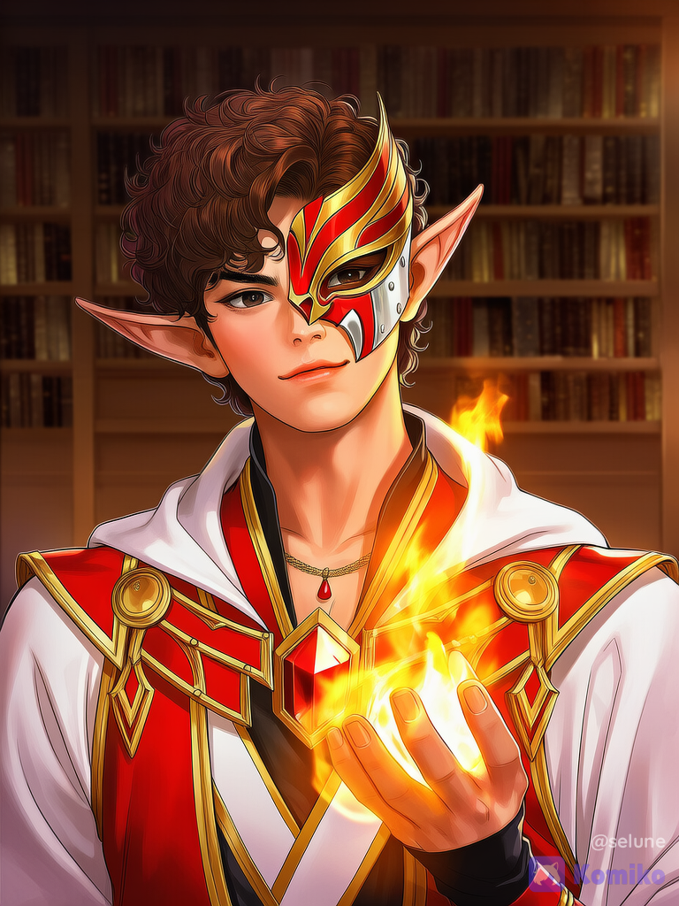 [semi-realistic-portrait-style], @snafe-07Cg, 1boy, head tilt, portrait, he smirks, the mask on half of his face follows the expression of the face, firelight, library, he wears a simplier outfit
