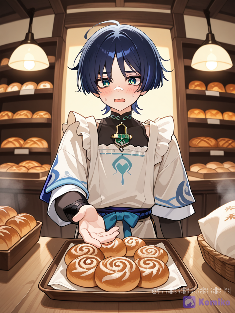@Wanderer_(Genshin_Impact) A cozy bakery interior bathed in warm golden light, the air hazy with the sweet scent of fresh cinnamon. A blue haired boy with dark and light elements of cloisings stands frozen behind a wooden counter, his emerald eyes wide with confusion. His small hand hovers mid-air near a tray of steaming cinnamon swirls, and a dusting of white flour smudges hir nose. He wears a ruffled apron, her fingers nervously twisting the fabric as she gazes at the viewer with a flustered, uncertain expression, his body stiff and motionless.