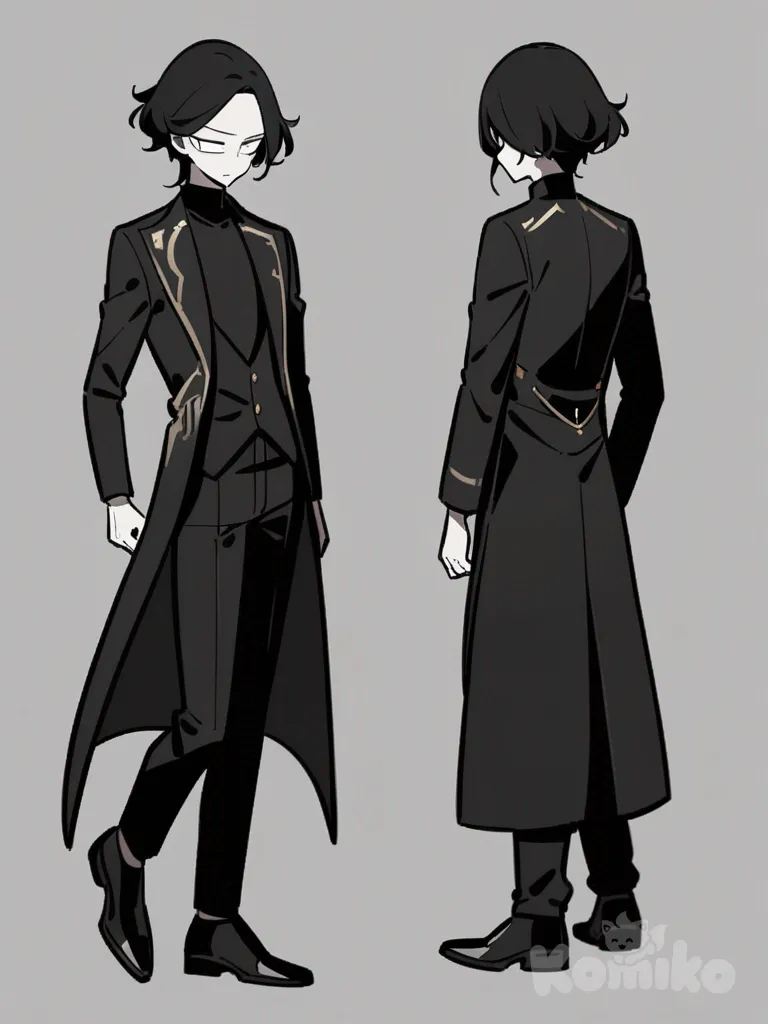 1boy, tall slender build, elegant aura, quiet confidence, composed demeanor, refined, jet black hair, slightly tousled hair, sharp face, pale face, calm expression, distant expression, mysterious, sophisticated, all-black outfit, long tailored overcoat, black turtleneck sweater, fitted trousers, polished black shoes, minimalist style, striking outfit, power and restraint, hand in pocket, relaxed pose, enigmatic gentleman, single character, full body, looking at viewer, anime style, simple background, white background