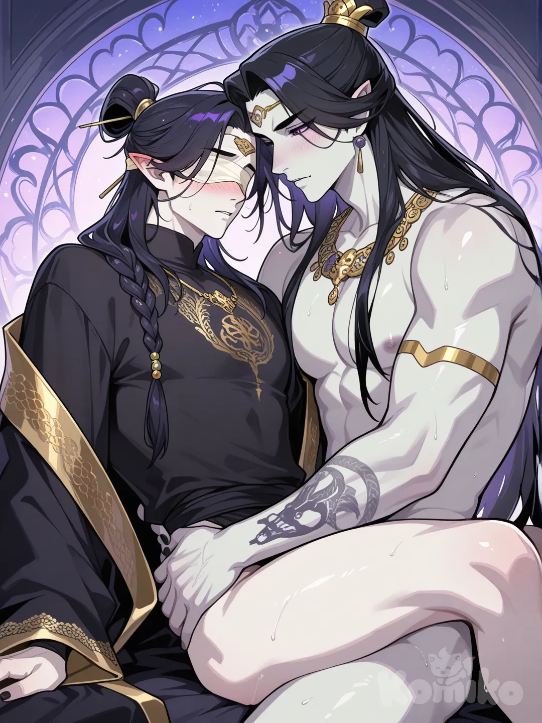 emperor, anime style, highly vibrant colors, dark hair (partially braided with gold beads), white silk blindfold covering forehead, red and black royal robe with intricate golden dragon embroidery, wide flowing sleeves, pale skin, sharp fe,Hades, white messy hair, purple eyes, eyepatch, tattoo, pale skin, black nail polish, necklace, white suit, black undershirt, muscular, pointy ears,couple,Hades fucked Qin Shi Huang ,couple ,two distinct characters ,Yaoi,Hades is the husband ,Qin Shi Huang is the wife,Hades had sex with Qin Shi Huang nude,both of them were nude,Qin Shi Huang,Hades