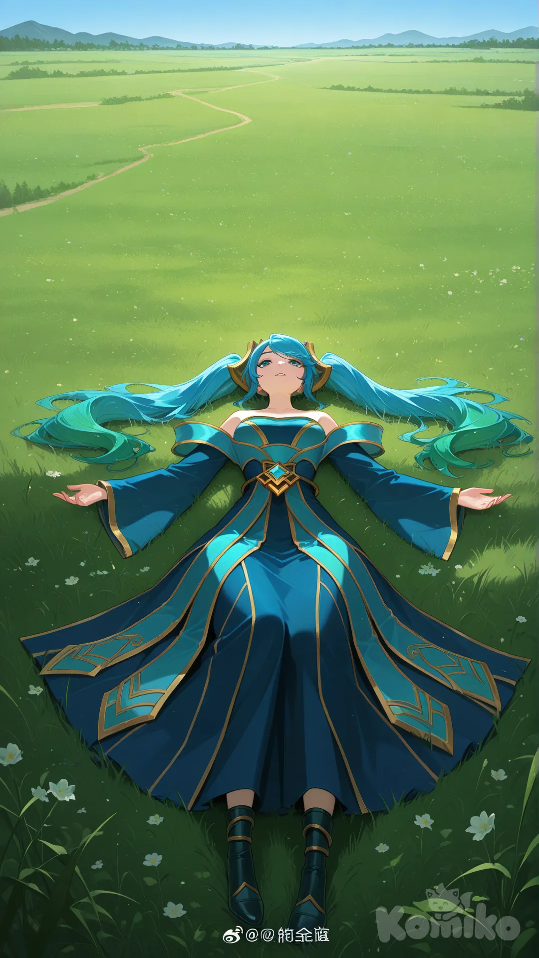 đang nằm ở bãi cỏ xanh , @Sona_(League_Of_Legends)