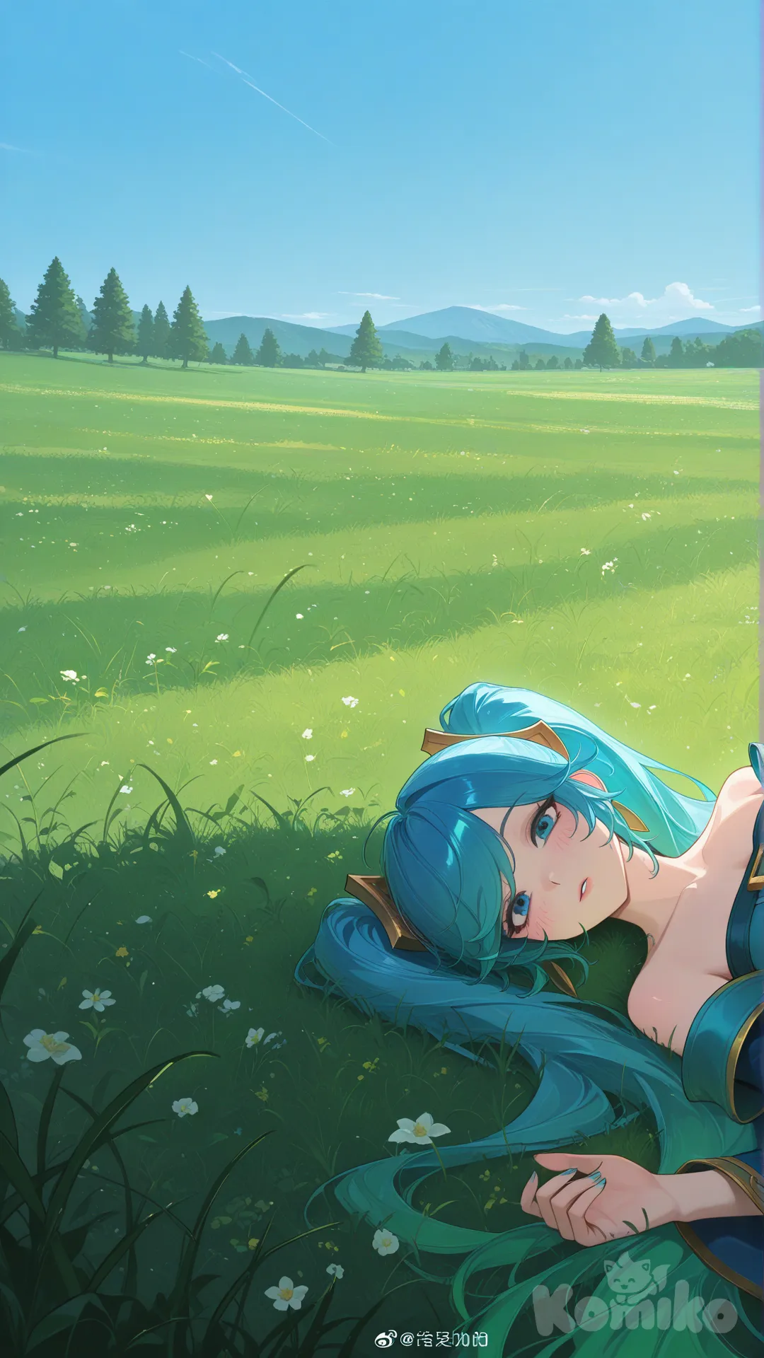 đang nằm ở bãi cỏ xanh , @Sona_(League_Of_Legends)