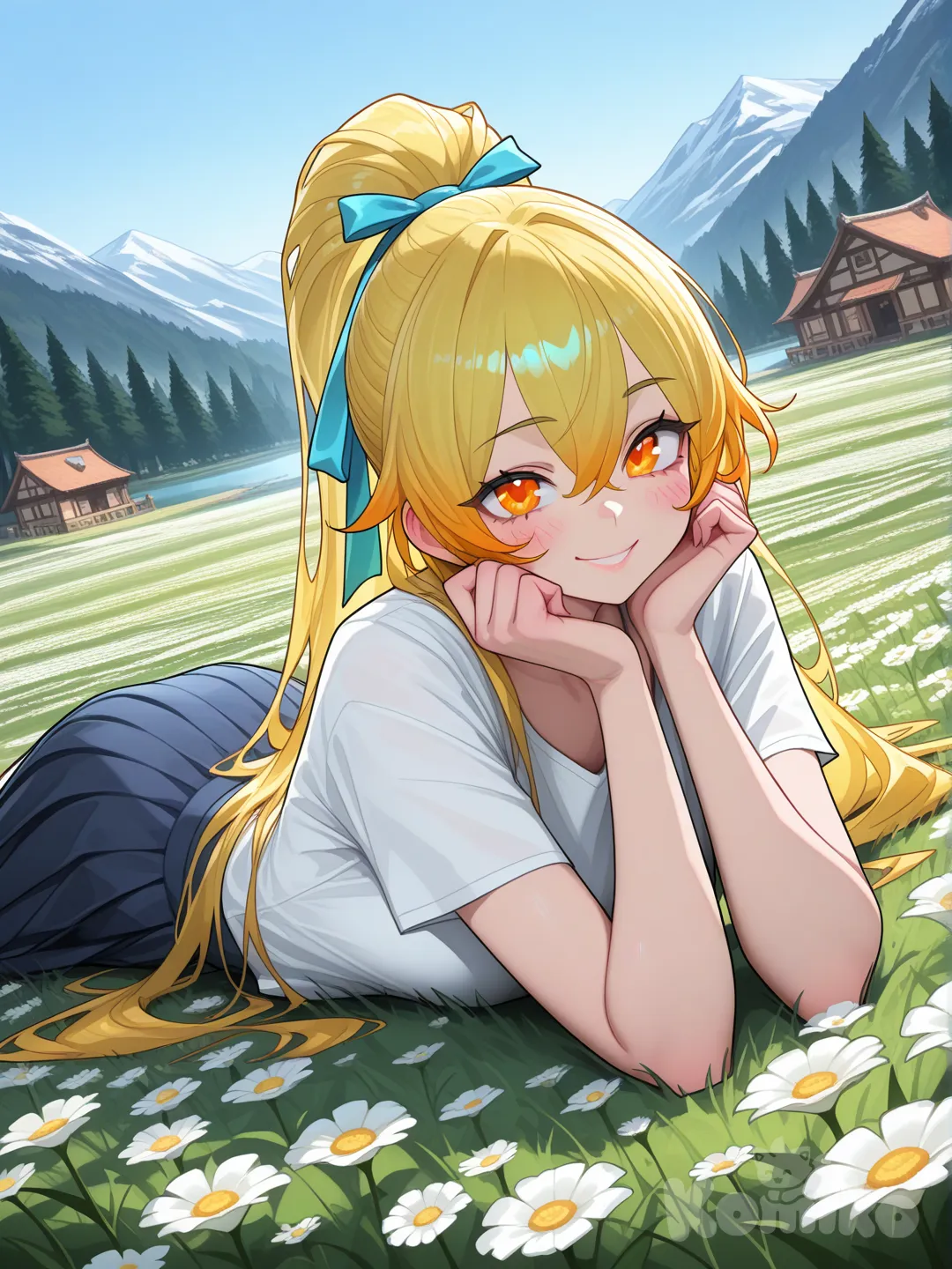 1girl, nice skirt, nice футболка, hair accessory, beautiful blonde high ponytail, closeup, medium long shot, cinematic lighting,nice blue sky, forest, village, горы снежные вдалеке, smile, incredible lake, flower field, on stomach лежит элегантно, she has beautiful orange eyes (1.7), ясная погода потрясающая, работа камеры на высшем уровне на персонажа р.S. разрешаю внести небольшие изменения,чтобы вышло красиво
@Sona_(League_Of_Legends)