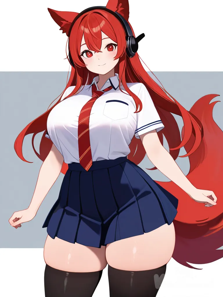 (Lobo)ears,(lobo)tail,(rojo)eyes,long(rojo)hair,pechos grandes,caderas anchas,cintura pequeña ,muslos gruesos,ropa escolar y audifonos negros