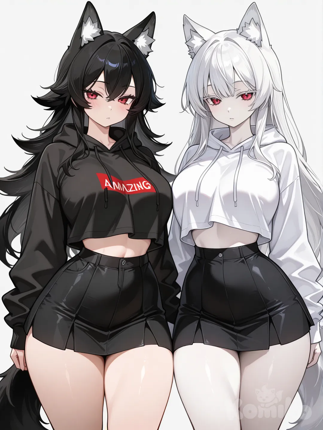 Dos chicas,(Lobo)ears,(lobo)tail,(rojo)eyes,long(negro y blanco)hair,piel clara,pechos grandes,caderas poco anchas,cintura pequeña ,muslos firmes,sudadera sin polera abajo, una mini falda y en una pose muy sensual