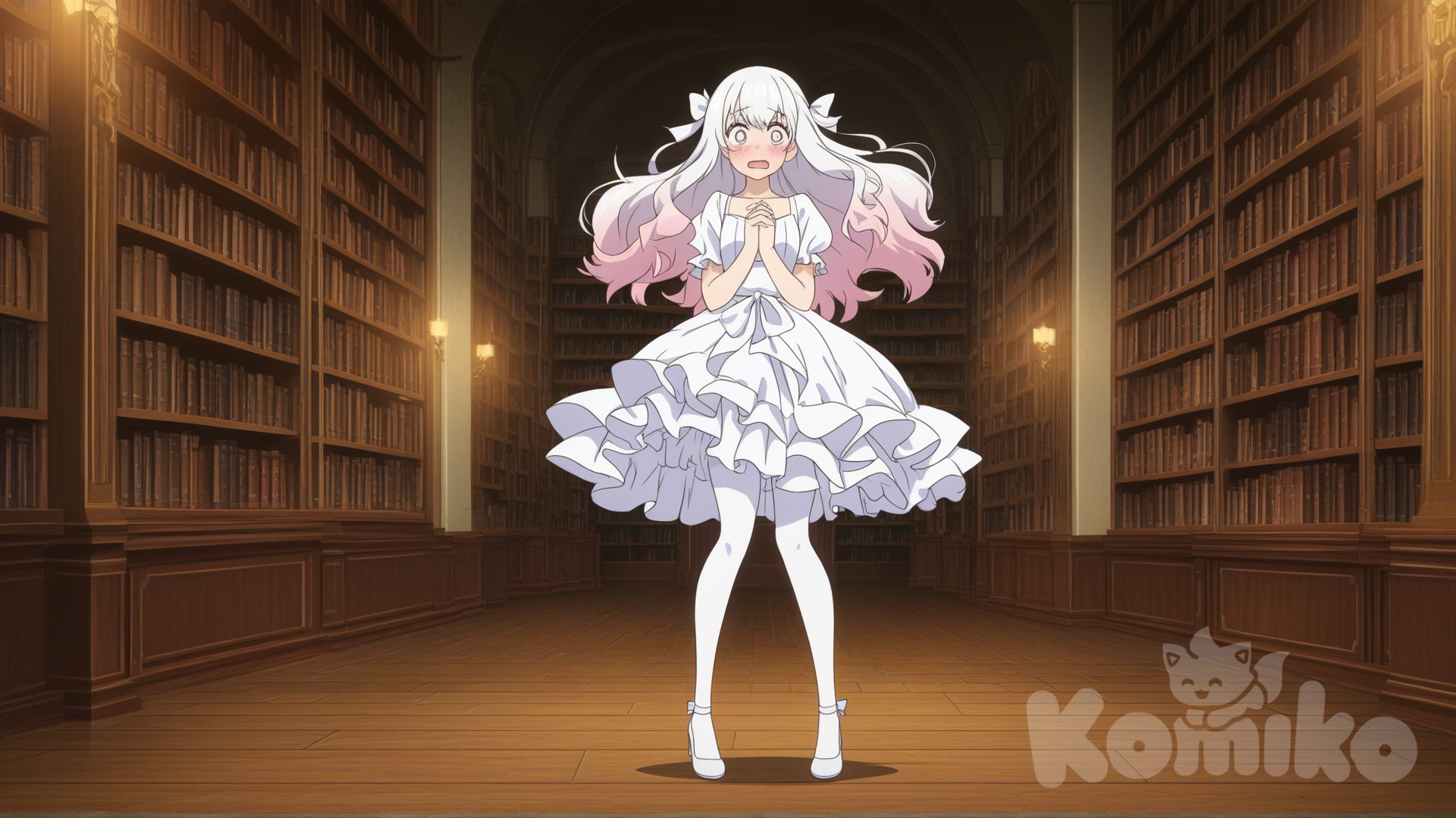 [pop-anime-style] girl with long pink hair that goes down to her waist, with a white bow attached to the back, silver eyes. Wears a fancy white dress, white tights and white high heels, shy, blush, fists clenched to chest, shocked, full body, medium long shot, cinematic lighting, castle, library