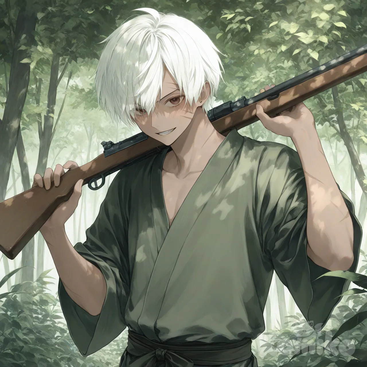 A young male Human rebel with tanned skin, sharp brown eyes, white short hair and a fresh scar adorning his left cheek. He is of a wiry build, dressed in practical, somewhat worn jungle attire. He carries a rusty, old rifle slung over his shoulder., [sweet-pastel-style], forest, one piece art style, upper body