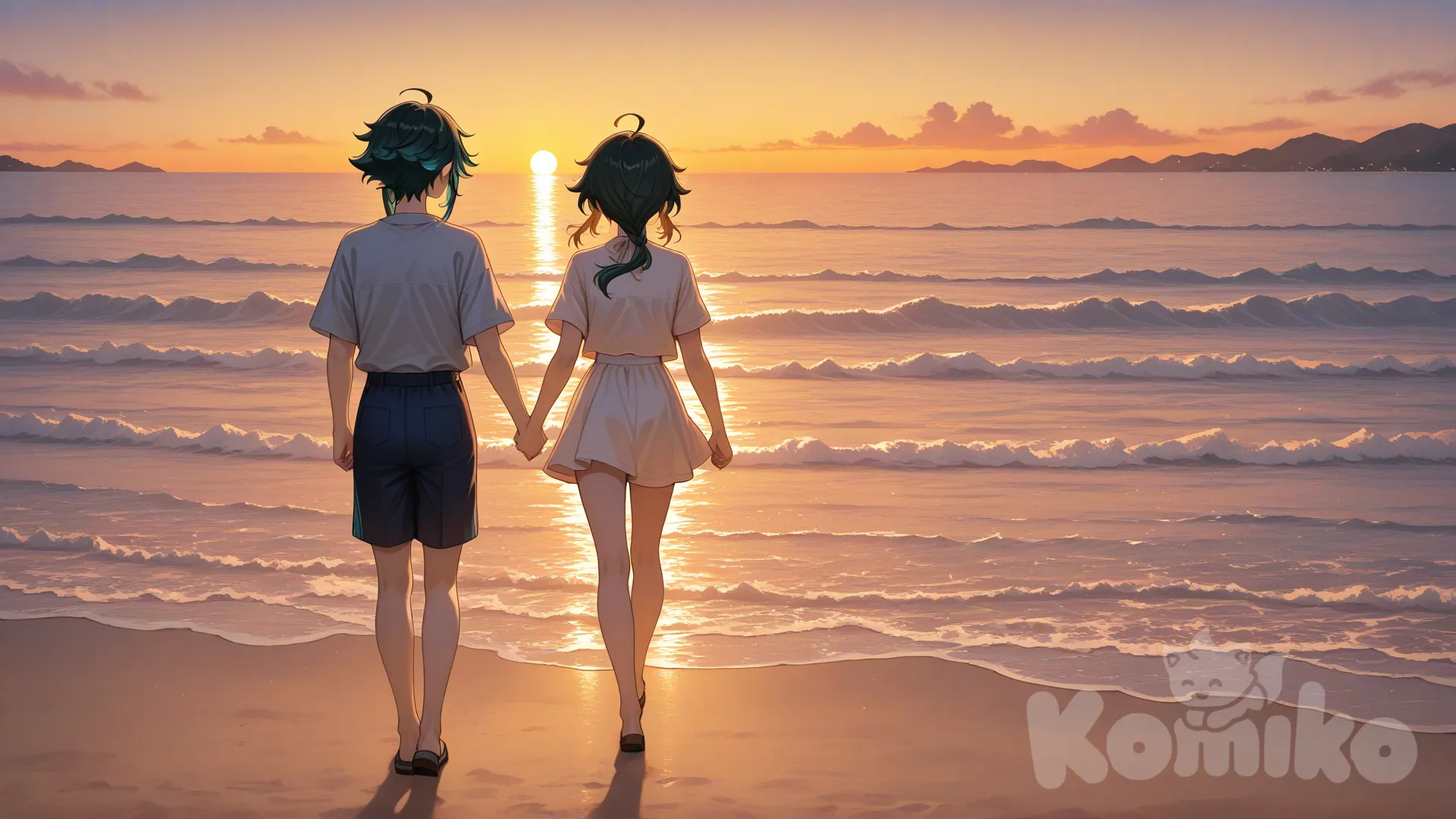 Two women, holding hand and semi realistic anime manga style walking at the beach evening time. , @Xiao_(Genshin_Impact)