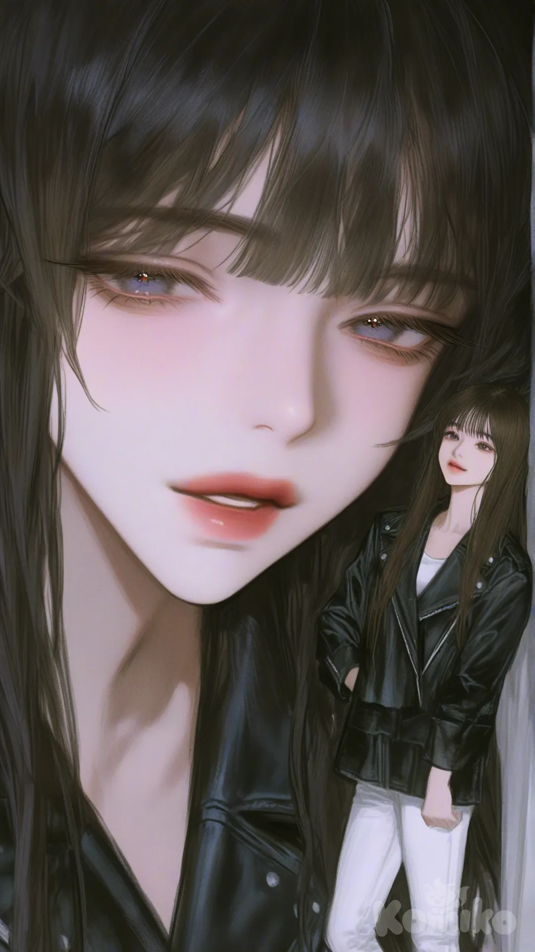 2girls, [semi-realistic-portrait-style], v sign, leather jacket, full body